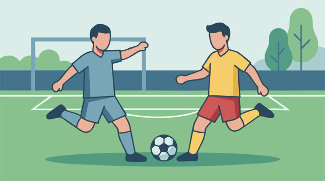 Two football players kicking a soccer ball on a green field with a goal