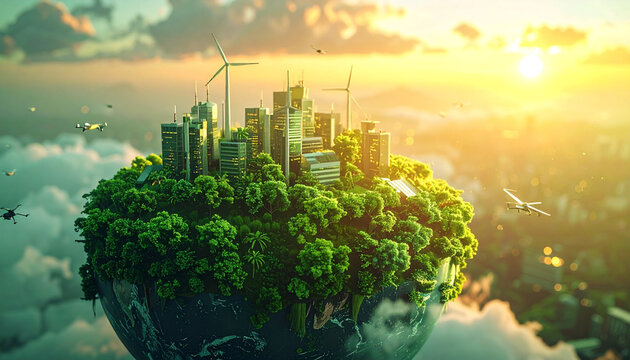 Sustainable cityscape on a green earth with wind turbines and skyscrap