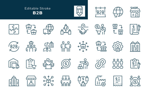 B2B. Set of outline icons. Business to business, business model, sales model, company, work of organizations, sale of products and more. Line icon in linear style. Vector collection	