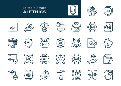 AI ethics. Set of outline icons. Artificial intelligence, ethical dilemma, data privacy, fairness, explainable AI, deepfake, bias detection and more. Line icon in linear style. Vector collection	