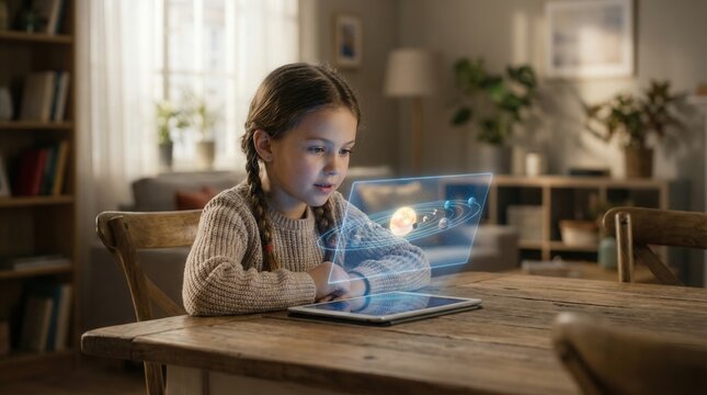 Future of education concept with young girl using AR holographic solar system. Digital training and interactive science study tools for advanced school curriculum at home.