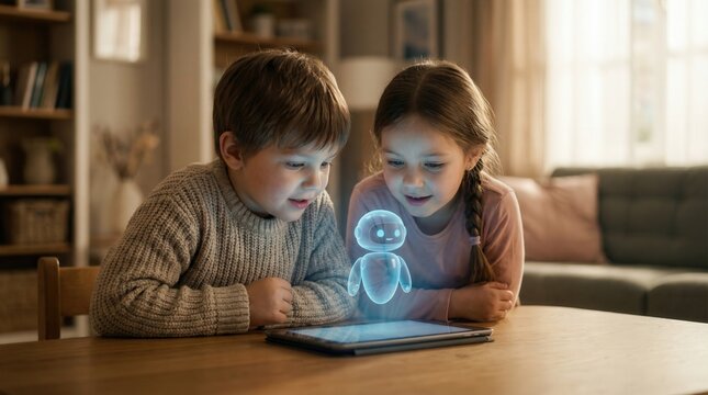 AI education concept with children interacting with holographic robot assistant on tablet. Smart learning and future technology for kids and early childhood development in home setting.
