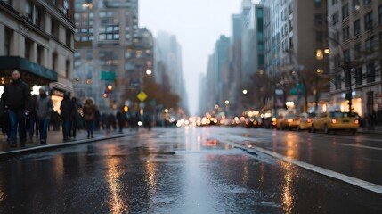 Naklejka premium People walking down a wet reflective city street lined with dense modern commercial architecture