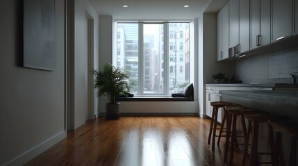 Fototapeta premium A bright minimalist kitchen space featuring natural wood floors white cabinetry and a large window overlooking an urban cityscape