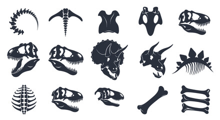 Prehistoric Dinosaur Fossil Skeleton Bones and Skull Silhouettes Vector Design Element Set © Fajar