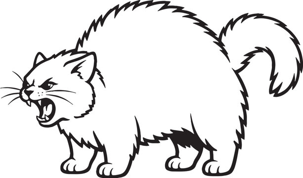 Munchkin Cat Arching Back Hiss Black and White Line Art Short Leg Cat Breed Vector Illustration