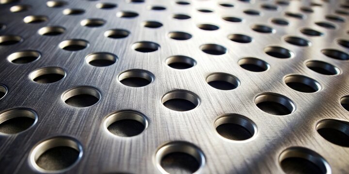 Close-up view of a perforated metal sheet, exhibiting a regular pattern of precisely drilled circular holes, showcasing a brushed metallic surface texture with subtle light reflections