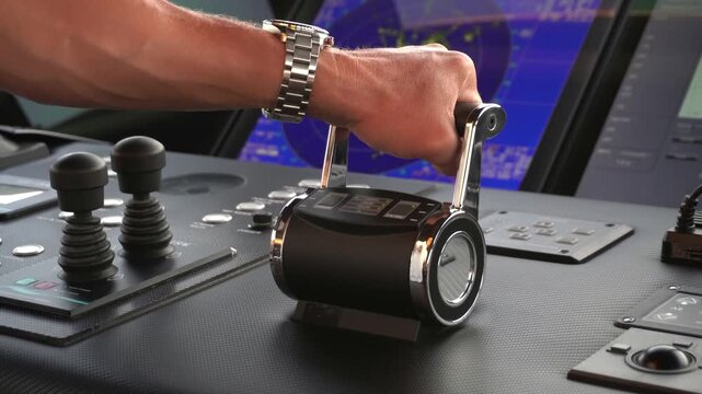 Captain adjusts engine controls on modern yacht bridge with navigation displays, managing speed and maneuvering from luxury marine cockpit.