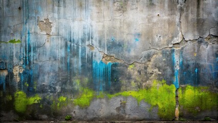 Naklejka premium Distressed Wall Texture with Teal and Lime Accents A Weathered Concrete Surface Showing Age and Decay