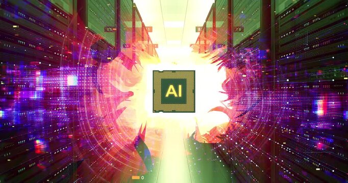 Corporate cloud server with central AI chip processor. AI Technology Related 3D Computer Animation.