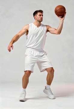 Athletic young man in white uniform focuses intently while holding a basketball high above his head during a professional photoshoot session to showcase his skills and physical fitness level for a spo