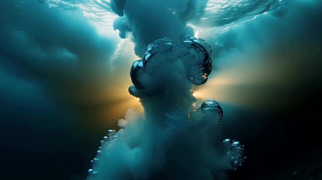 Underwater Cascade: A mesmerizing capture of a water column rising towards the sun, the bubbles creating ethereal patterns in the depths. The sun's rays pierce through the surface.
