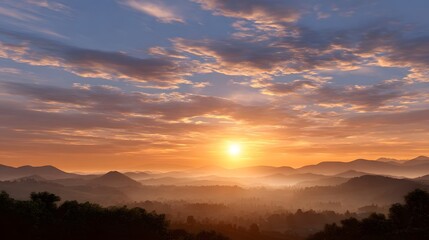 Naklejka premium A breathtaking panoramic view of a colorful golden sunrise illuminating layered mountain ranges through atmospheric clouds