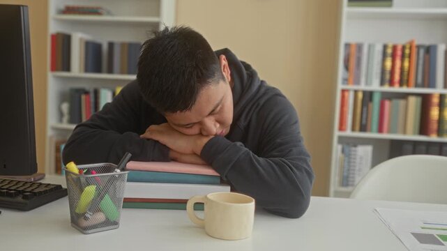 Man rests head on folded arms over stacked books in a library building, face down and eyes closed; study fatigue.