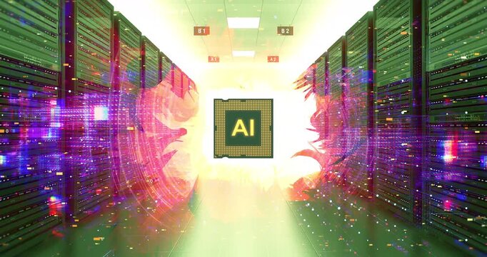 Supercomputer hardware featuring central AI chip processor. AI Technology Related 3D Computer Animation.