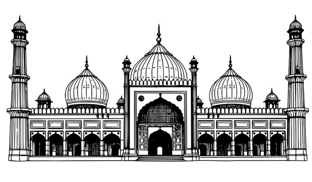 Jama Masjid Delhi ink sketch vector illustration Mughal mosque architecture design