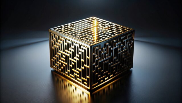 Illuminated Gold Maze Cube A Complex Puzzle of Interlocking Paths and Intricate Design