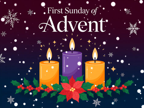 Colorful advent candles with poinsettia and holly celebrating the first sunday of advent season