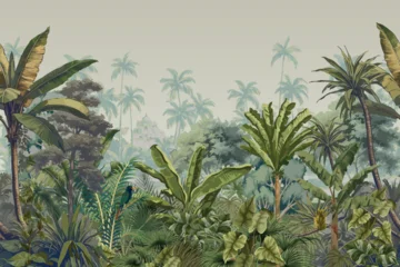 Glasschilderij Jungle Vintage tropical jungle landscape mural with palm trees and banana leaves botanical illustration  © MdSayeed