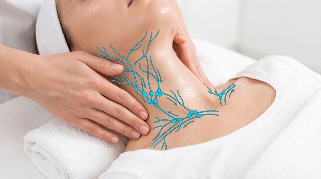 Beautician performing lymphatic drainage massage on neck of woman. Therapist stimulating nodes for detoxification and skin rejuvenation. Professional spa procedure for facial health.