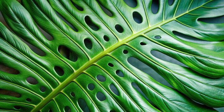 Close-up view of a vibrant green tropical leaf exhibiting intricate venation and distinctive fenestrations