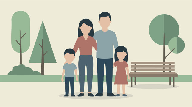 Minimalist illustration of a family of four (parents, son, daughter) in a park
