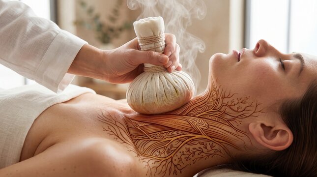 Woman receiving herbal bolus massage in spa. Therapist applying hot compress to neck. Alternative medicine with anatomical illustration of muscles and veins for holistic health therapy.