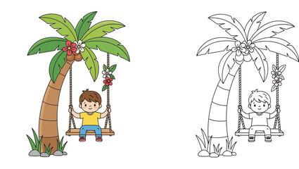 Happy boy swinging on a tropical palm tree coloring book page for kids with colored and line art version illustration © MdAbdul