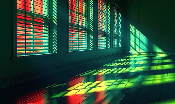 A dark room with colorful light shining through the windows