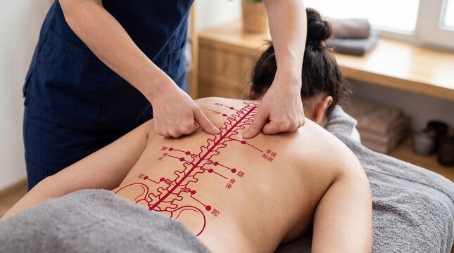 Massage therapist massaging back of woman with acupuncture point chart applied on skin. Alternative medicine and holistic healing session. Professional rehabilitation and physical therapy.