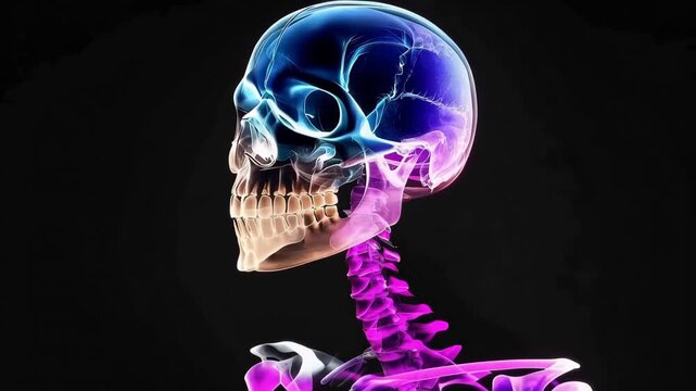 Human Skull Anatomy: A detailed, colorful rendering of a human skull, highlighting the intricate structure and internal components of the cranium and cervical spine.