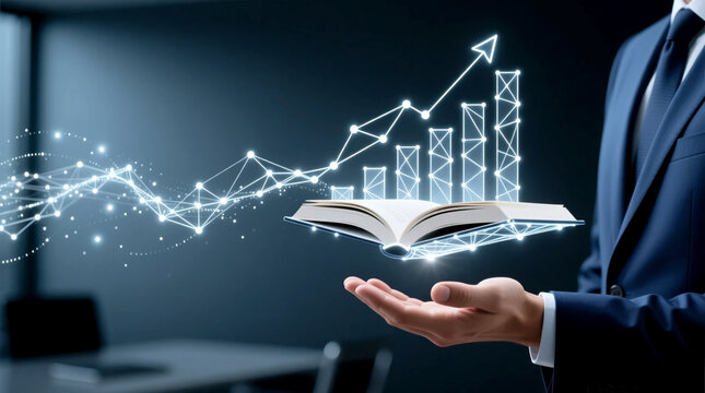 Professional hand illuminates open book visualizing AI knowledge system business intelligence automation process with growth graph and arrow in dark office