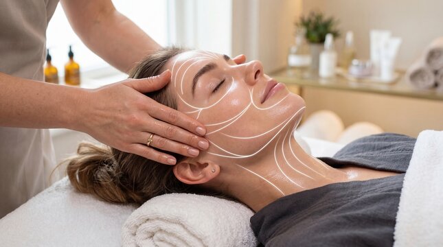 Cosmetologist performing facial massage on woman in spa. Beauty procedure with lifting lines overlay for face contouring and skin care treatment. Professional dermatology rejuvenation.