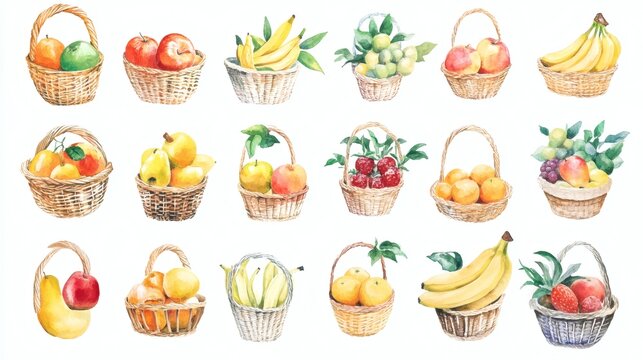 Watercolor illustration of assorted fruits arranged in woven baskets and loose, bright oranges, apples, bananas, lemons, pears, grapes on white background