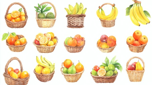 Watercolor illustration of assorted fruits arranged in woven baskets and loose, bright oranges, apples, bananas, lemons, pears, grapes on white background
