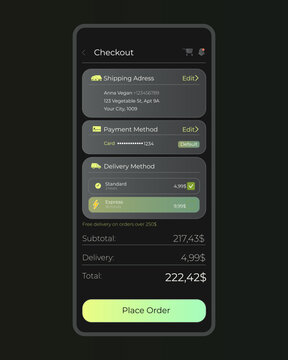 Dark mode checkout UI for grocery delivery app. Clean mobile interface with delivery method and payment options. Modern ecommerce design with night theme for seamless ordering experience.