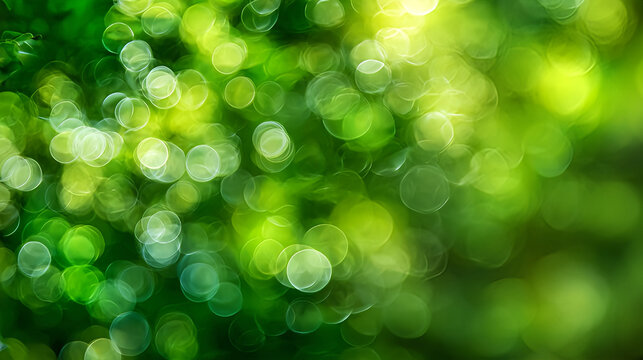 Vibrant Green Bokeh Background with Soft Natural Light, Abstract Beautiful blurred background image of spring nature with lush green grass and foliage surrounded by trees in park on a bright sunny day