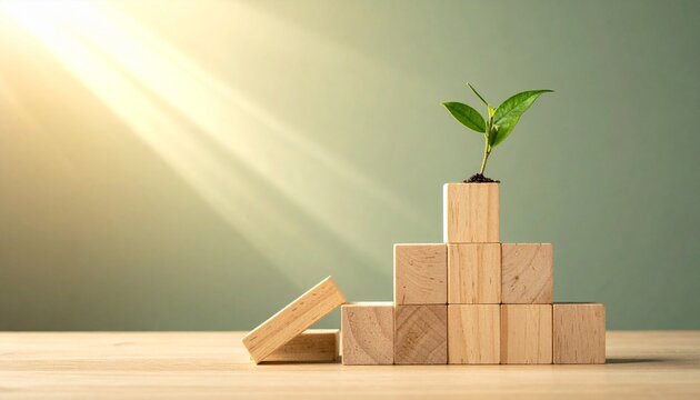 Breakthrough growth concept with rebuilt wooden blocks and sprout in sunlight