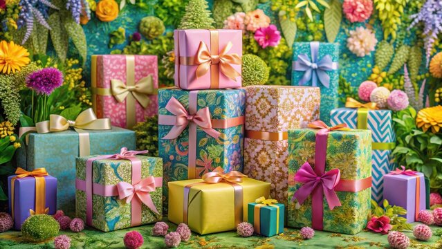 A delightful array of festively wrapped presents, adorned with vibrant ribbons and bows, nestled amongst a profusion of colorful blossoms and lush greenery.