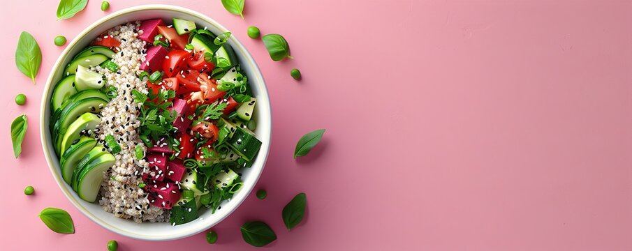 A vibrant and healthy salad bowl filled with fresh vegetables on a pink background