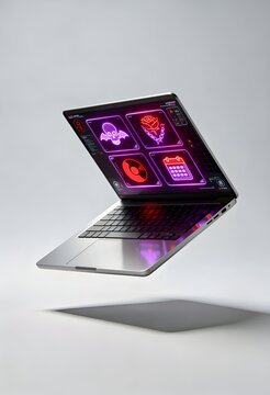 Modern laptop computer hovering in midair featuring a vibrant digital display with glowing purple and pink neon icons representing diverse creative software functions or artistic interface designs arr