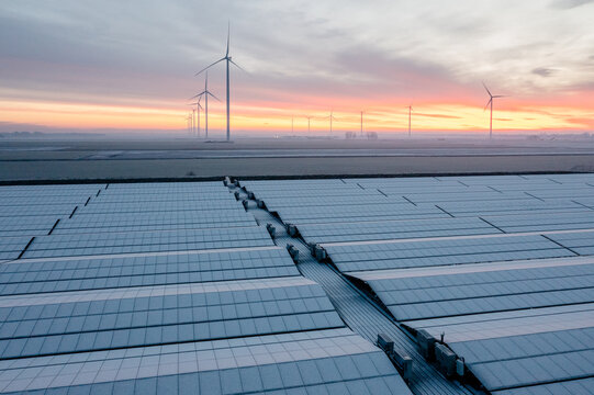 Solar Panels in Winter Frost at Sunrise with Colorful Sky &ndash; Renewable Energy Concept. Solar panels covered with frost in a winter landscape during sunrise, illuminated by a colorful dramatic sky. 
