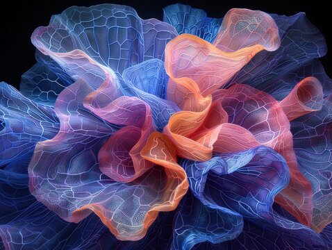 A vibrant abstract artwork featuring delicate, translucent fabric petals in shades of blue, pink, and orange.