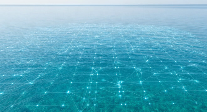 An abstract representation of a digital network overlaid on a serene ocean, symbolizing connectivity and data flow across vast bodies of water