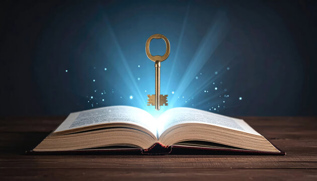 A symbolic representation of knowledge and opportunity with key on open book. The key is emanating light and placed on an open book, symbolizing enlightenment and discovery.