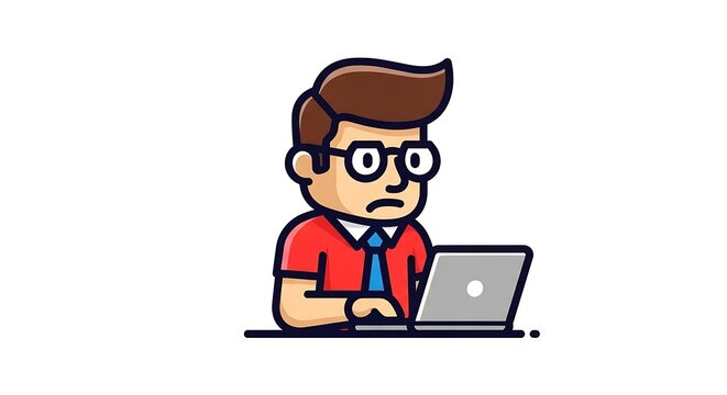 A superhero businessman character in a vector illustration works on a laptop at the office as a super manager person performing a heroic job concept