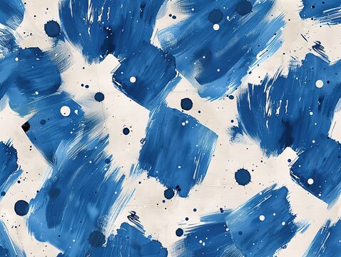 A vibrant abstract painting with blue brushstrokes and white background