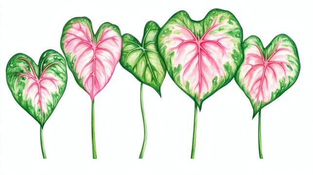 Assorted heart-shaped caladium leaves and variegated leaf studies on white background