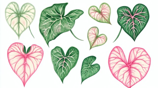 Assorted heart-shaped caladium leaves and variegated leaf studies on white background