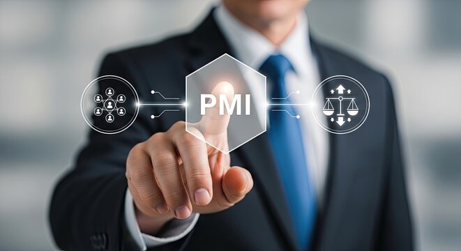 A person in a suit touches a floating hexagonal digital interface labeled PMI with social and balance icons in a bright office with soft lighting.